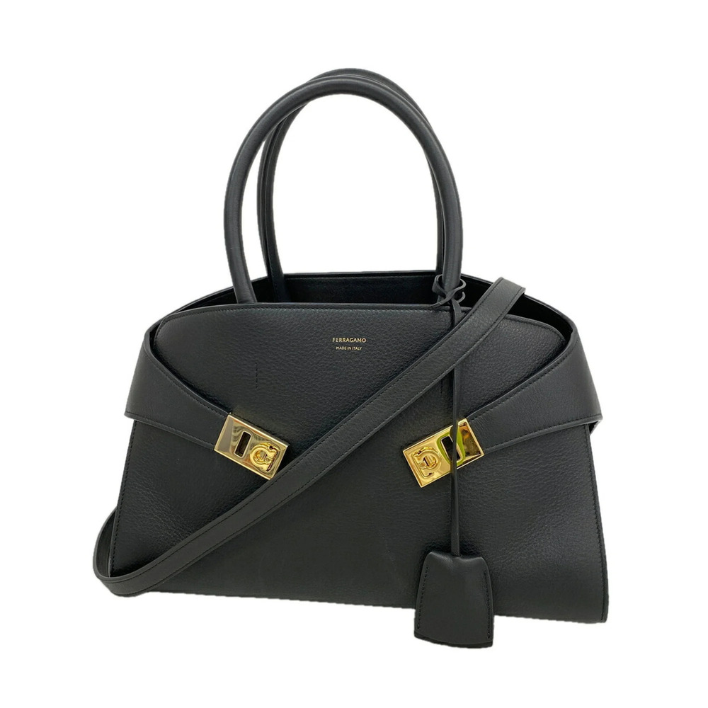 Salvatore Ferragamo Gancini Leather Handbag, Black/Champagne, 2-way Bag for W...